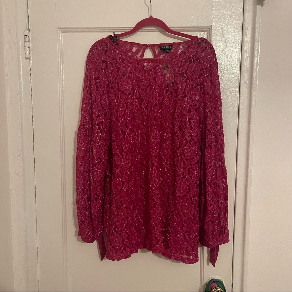City Chic Lace Blouse - Deep Pink
